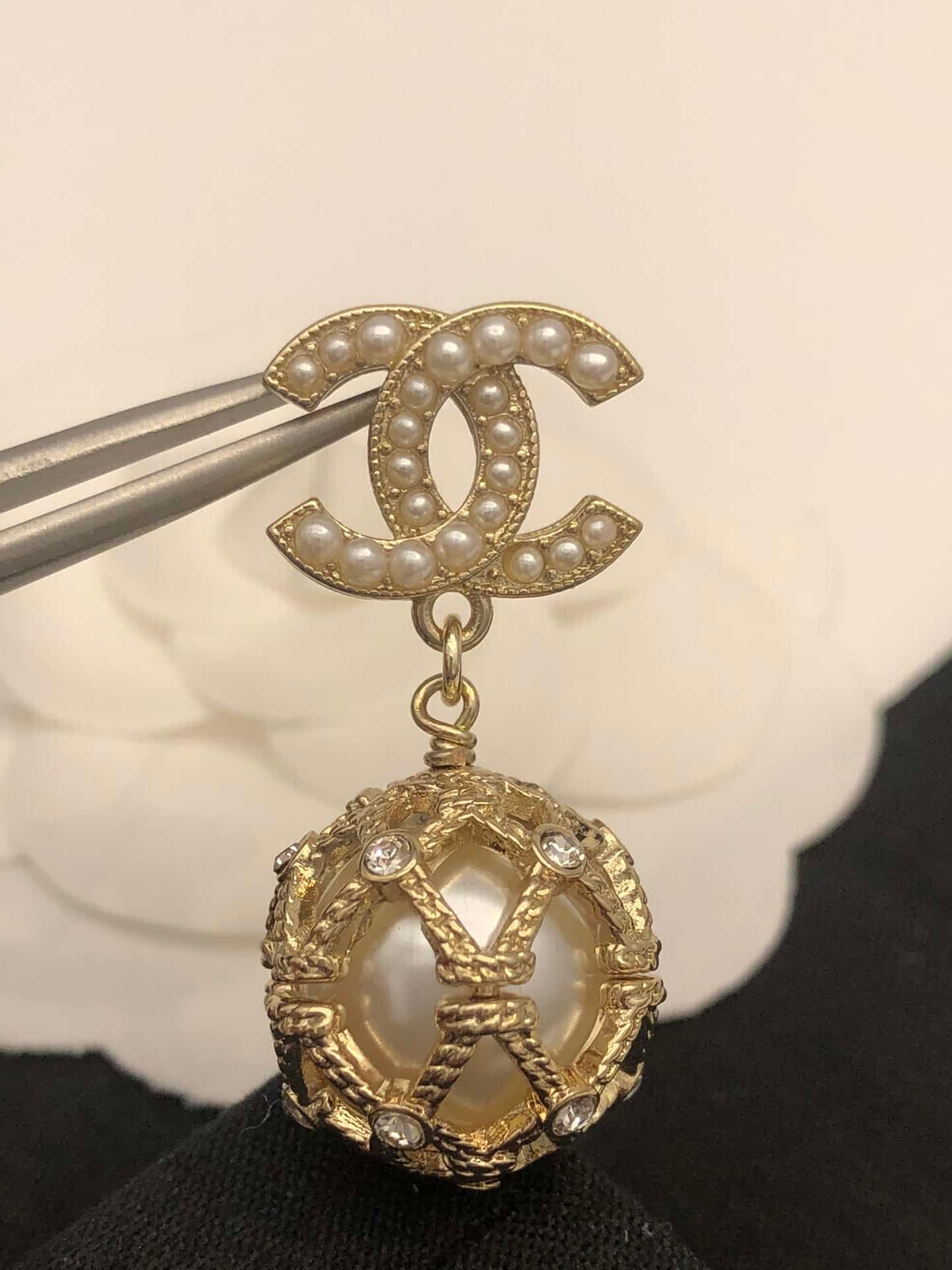 Ch**el Gold Caged Pearl Earrings