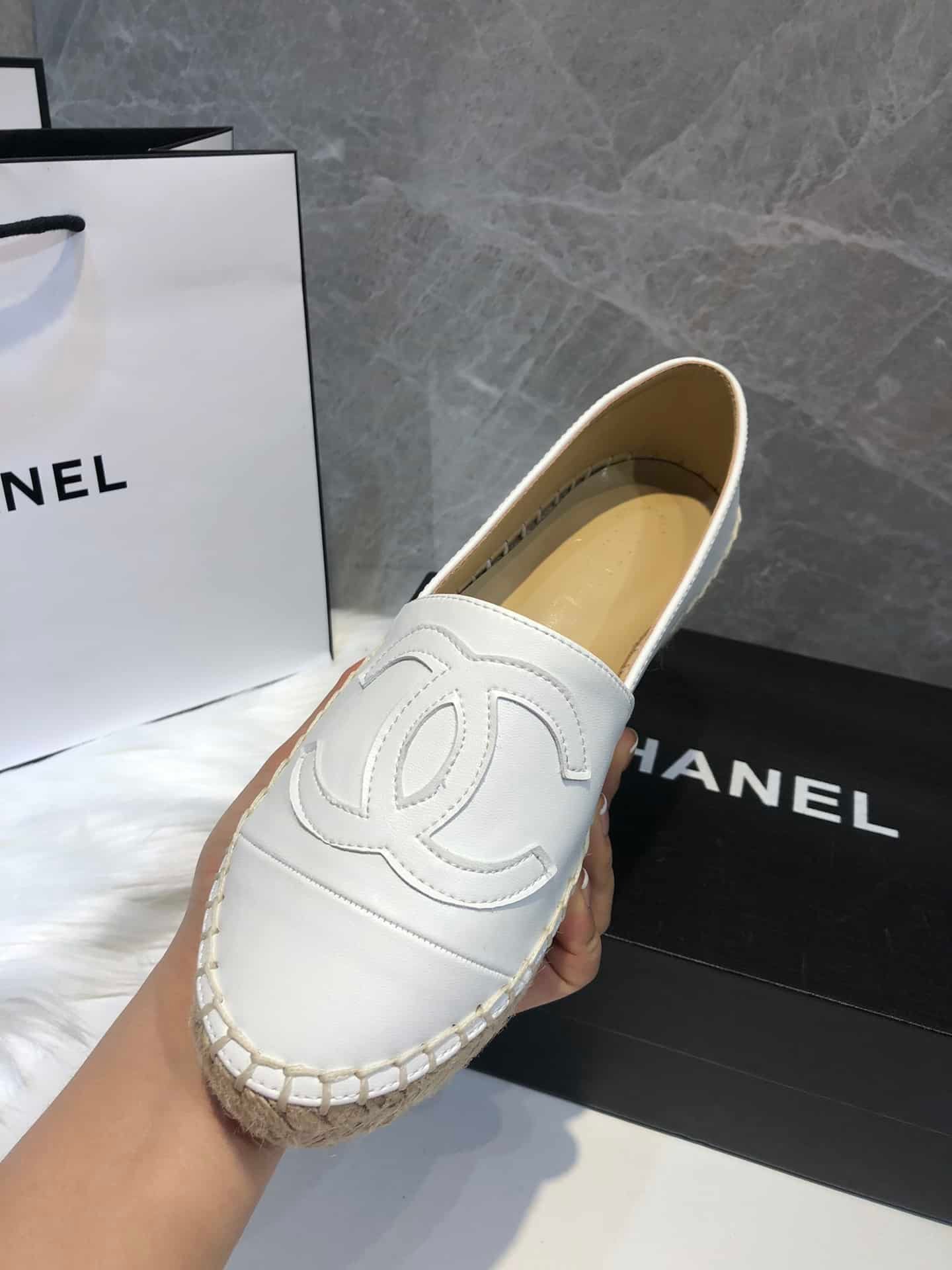 Ch**el Embroidered Espadrille Leather Cap Toe Flats White