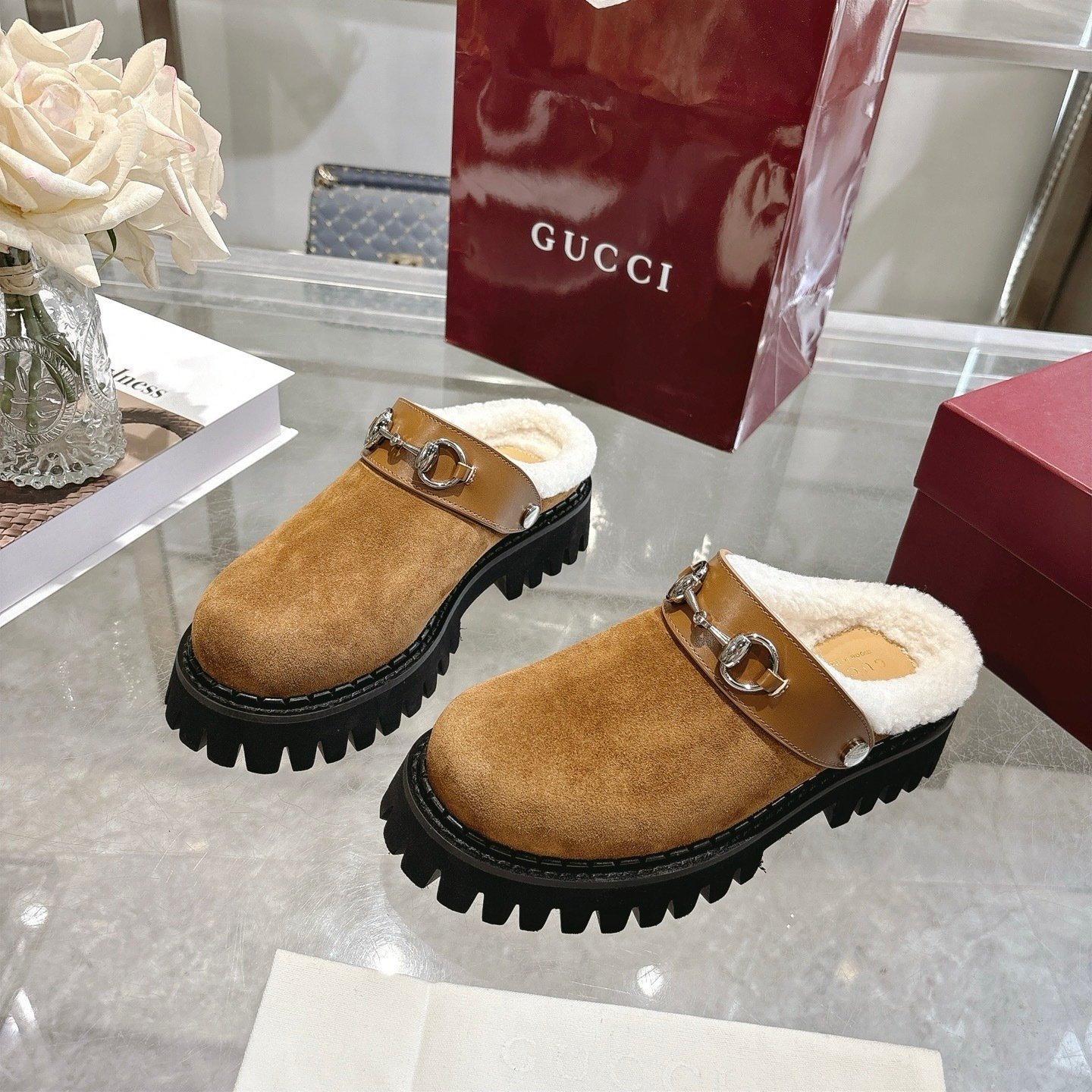 Gvc*1 Horsebit Shearling Mules In Brown Suede