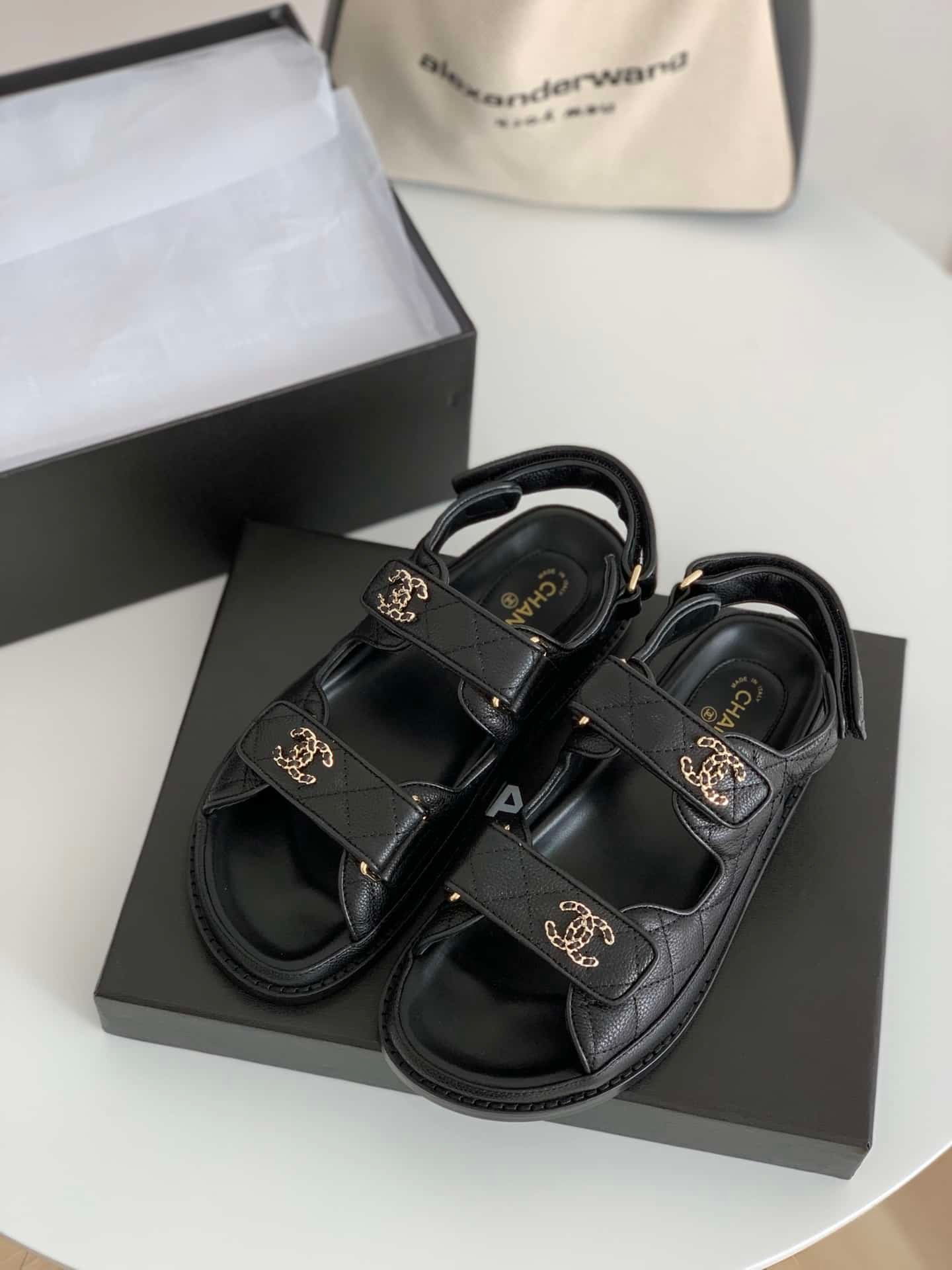 Ch**el Cc Button Velcro Black Sandals Grained Calfskin Leather