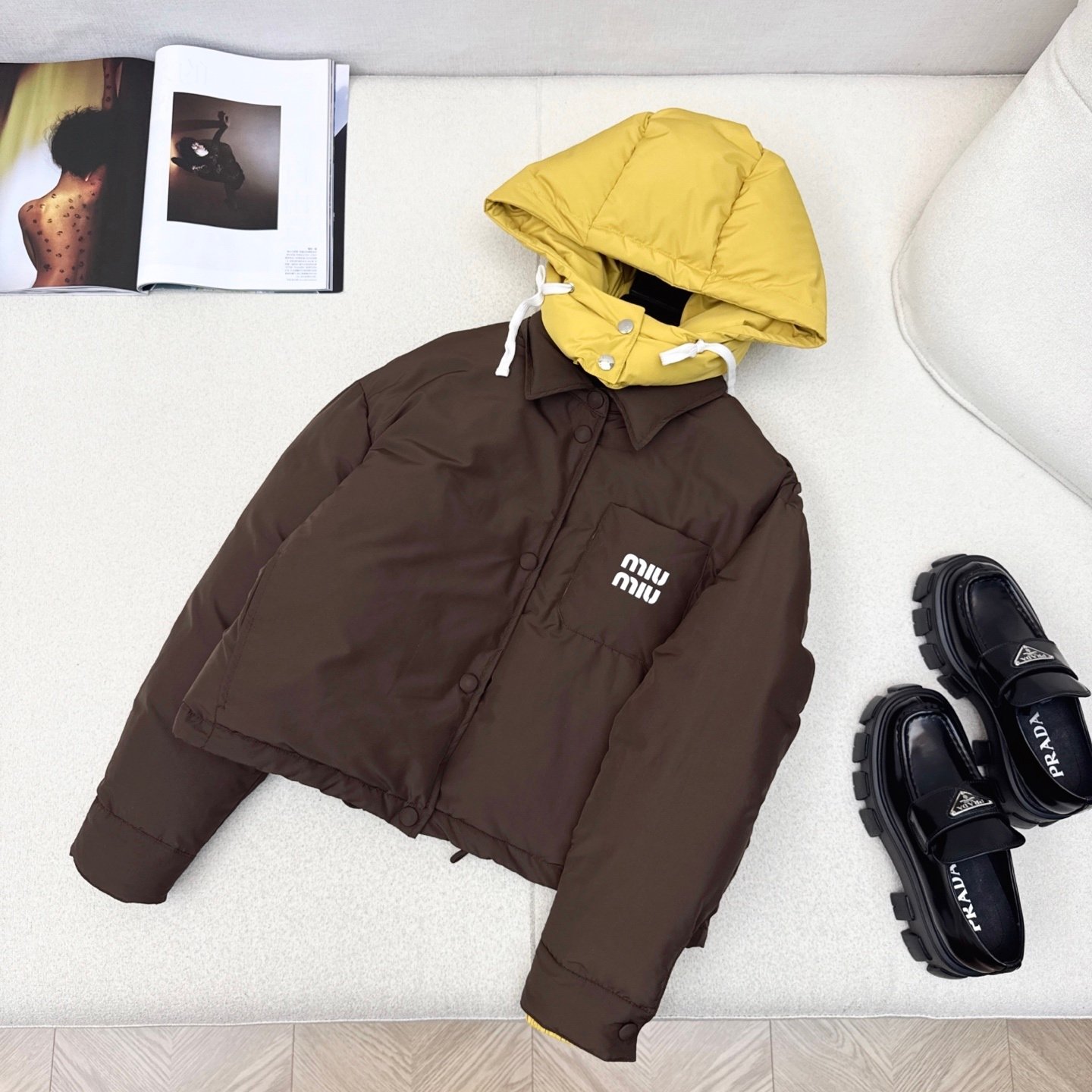 M1um1u Technical Ponge Down Hoodie Jacket Coffee Ml1315 1720 F045I S Ooo
