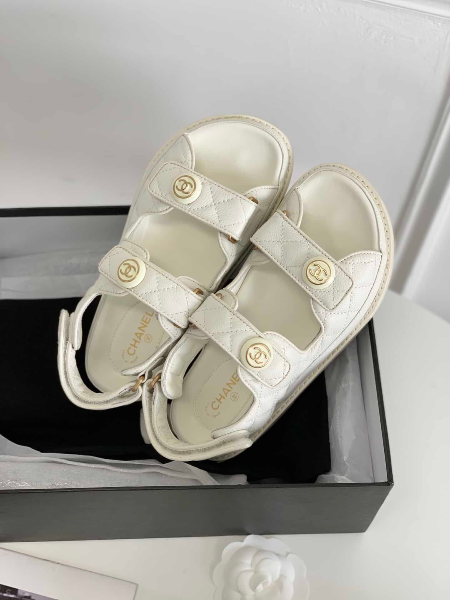Ch**el Cc Button Velcro White Sandals Grained Calfskin Leather