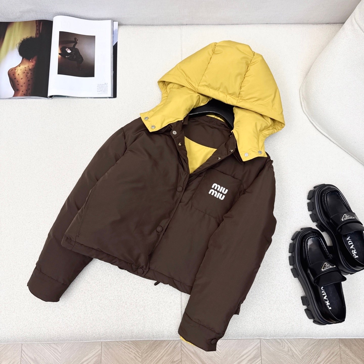 M1um1u Technical Ponge Down Hoodie Jacket Coffee Ml1315 1720 F045I S Ooo