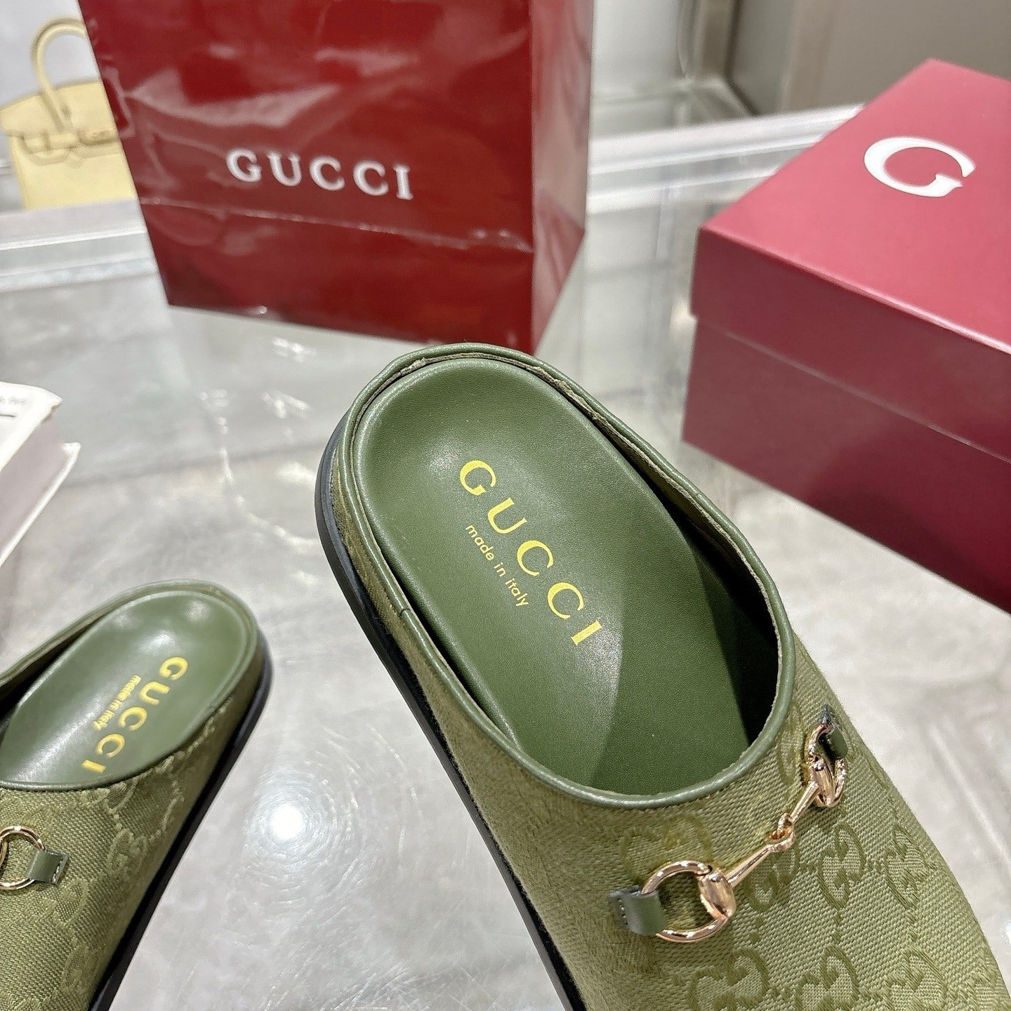 Gvc*1 Women Mule With Horsebit Dark Green Gg Canvas 837130 Fab10 3046