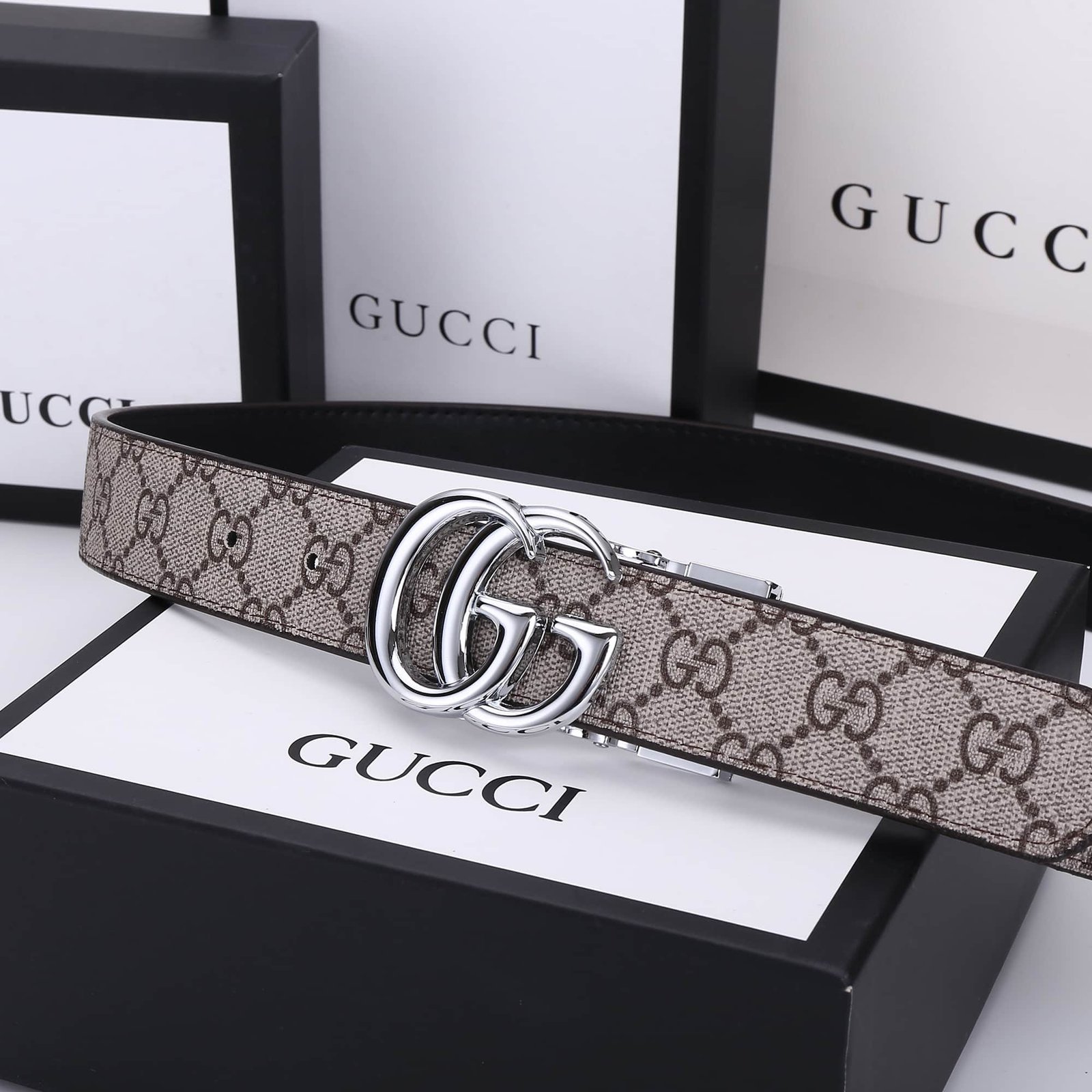 Gvc*1 Gg Marmont Reversible Belt Silver Hardware Beige Brown