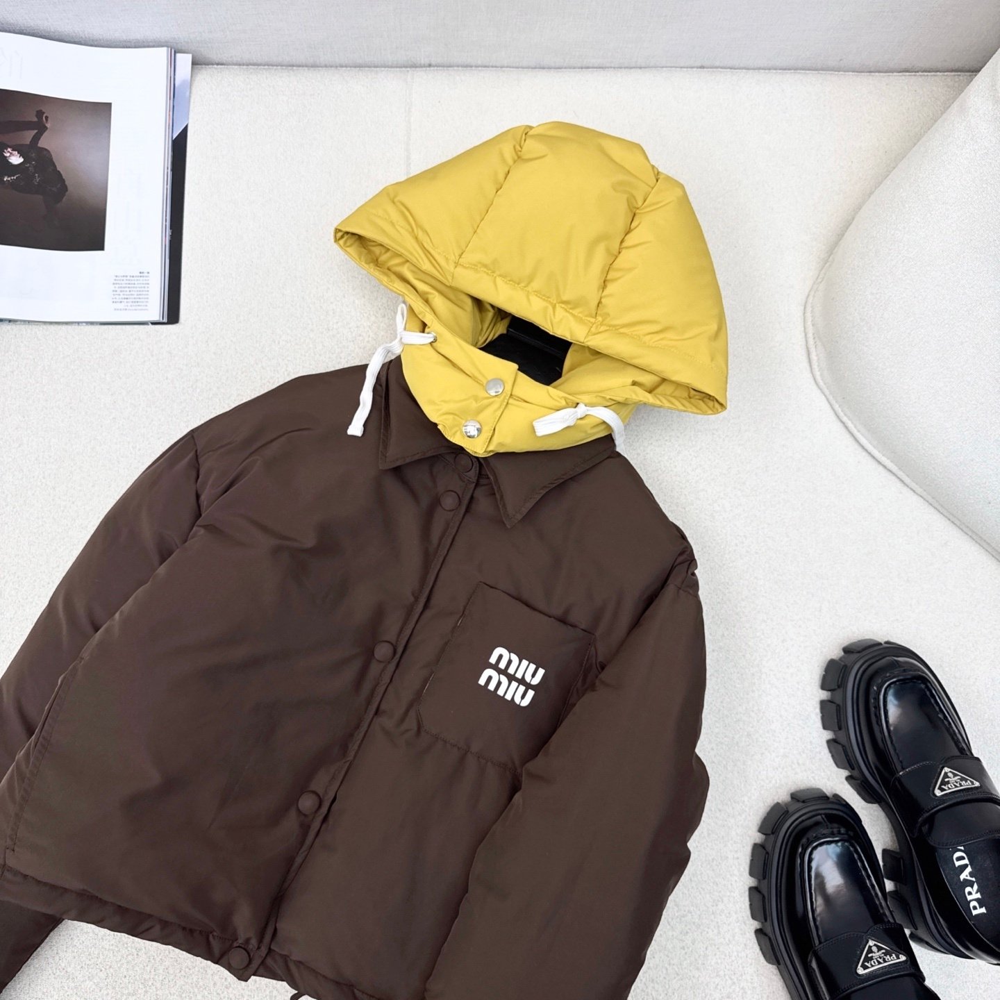 M1um1u Technical Ponge Down Hoodie Jacket Coffee Ml1315 1720 F045I S Ooo