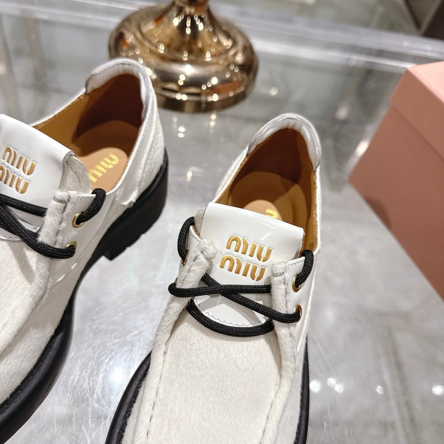 M1um1u  Leather And Calf Hair Leather Laced Shoes Ivory 5E964D 2Hio F0304 F D055