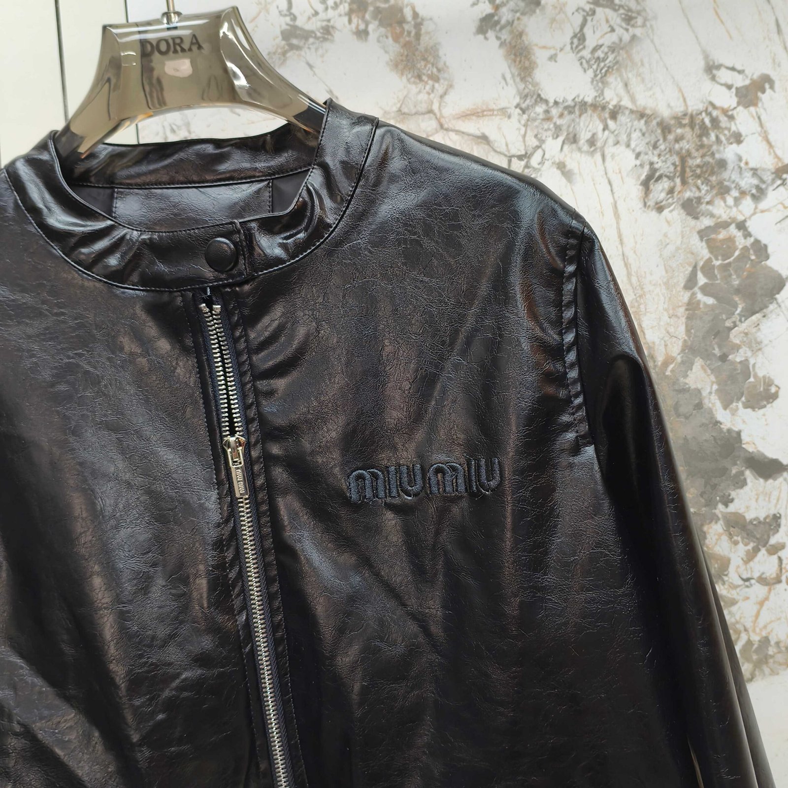 M1um1u Crop Top Jacket Black Leather
