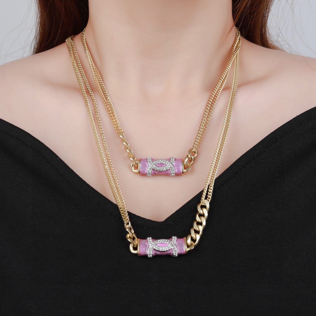Ch**el CC Pendant Necklace With Gold Metal In Pink