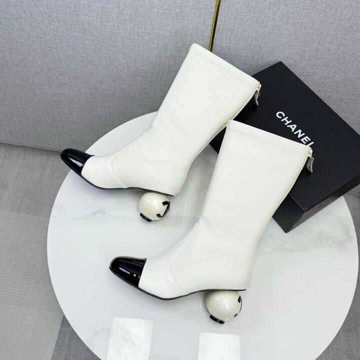 [S*per Vip 1:1] Ch**el Mid Boots Smooth Leather White and Black G46776 B22203 U4187