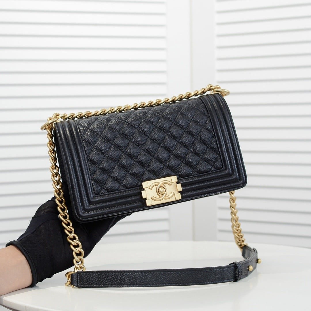 Ch**el Boy Medium Handbag Grained And Gold Tone Metal Black 25Cm