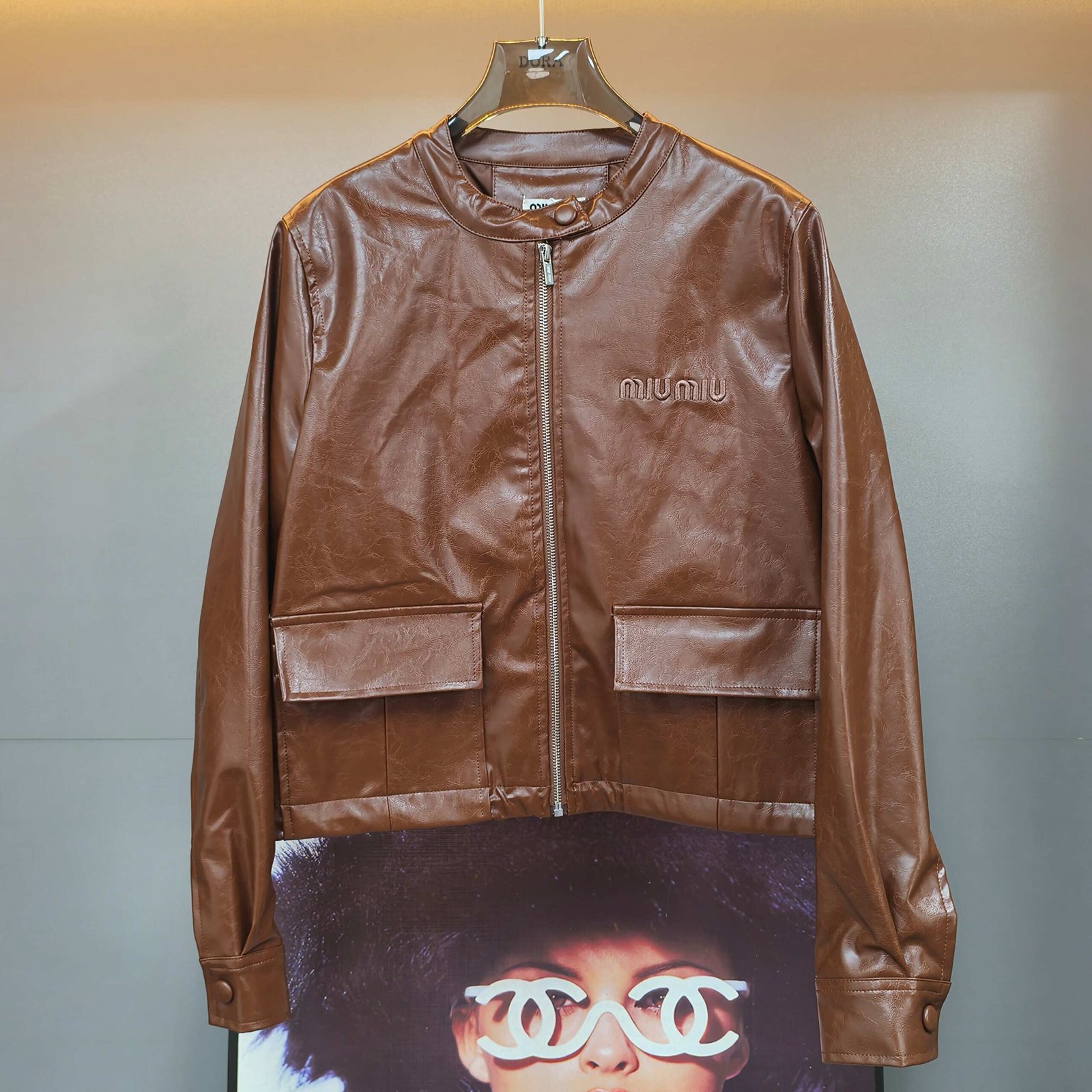M1um1u Crop Top Jacket Brown Leather