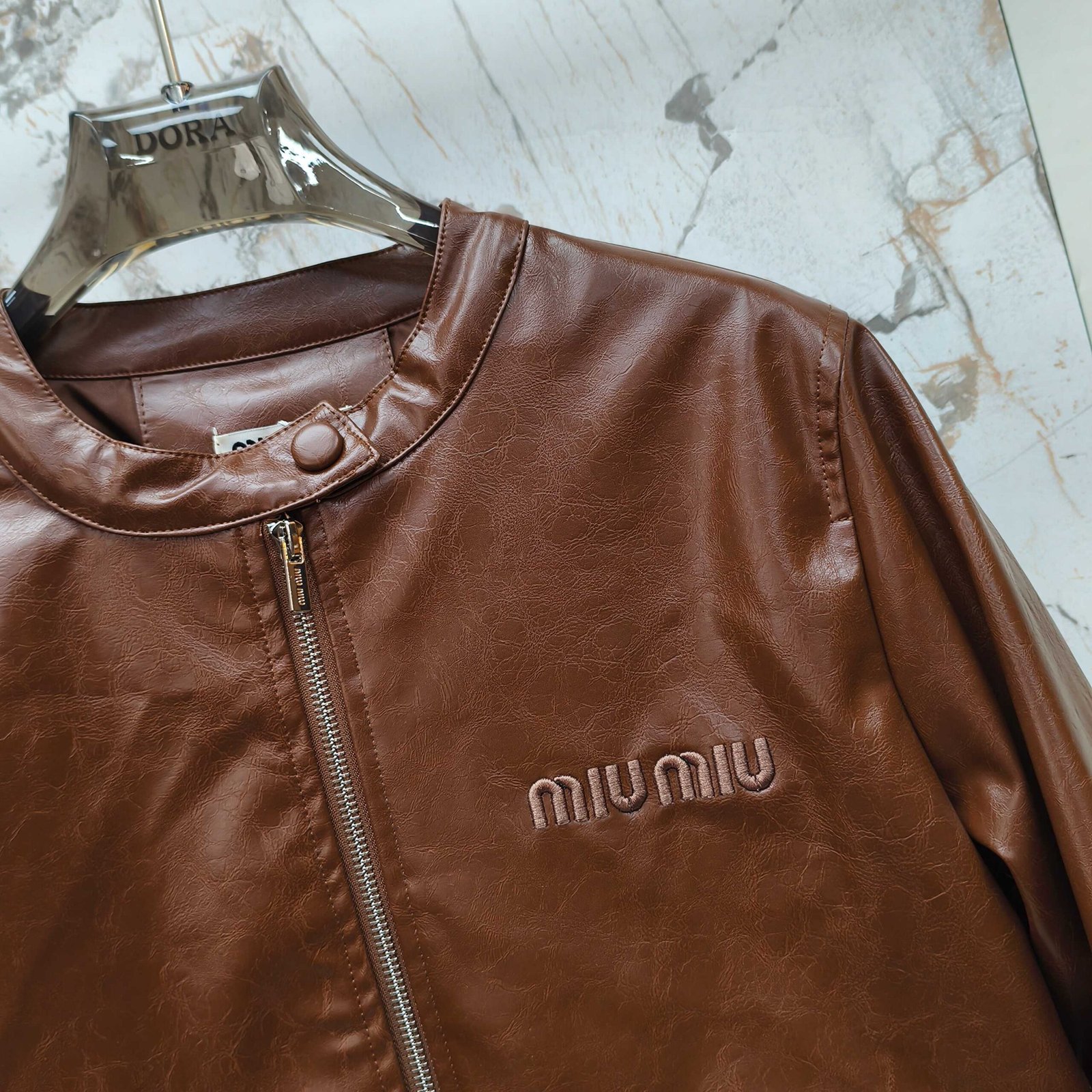 M1um1u Crop Top Jacket Brown Leather