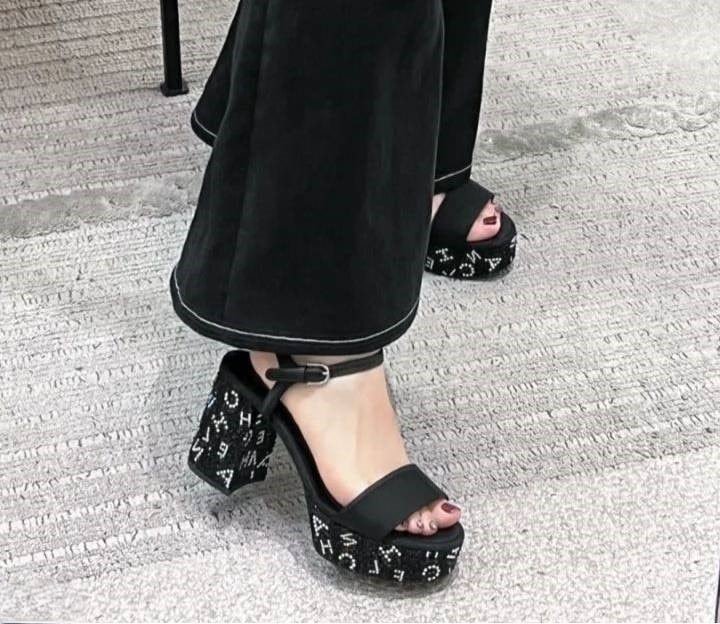 Ch**el Sandal Pump Stone Beads Black Silver G45365 B15306 Nu665
