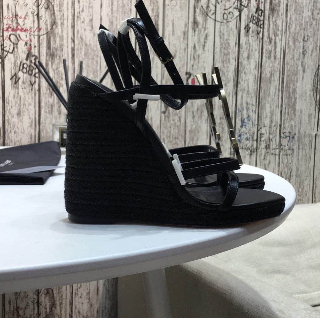 Sa1nt Lau*nt Cassandra 115 Leather And Raffia Wedge Black Sandals