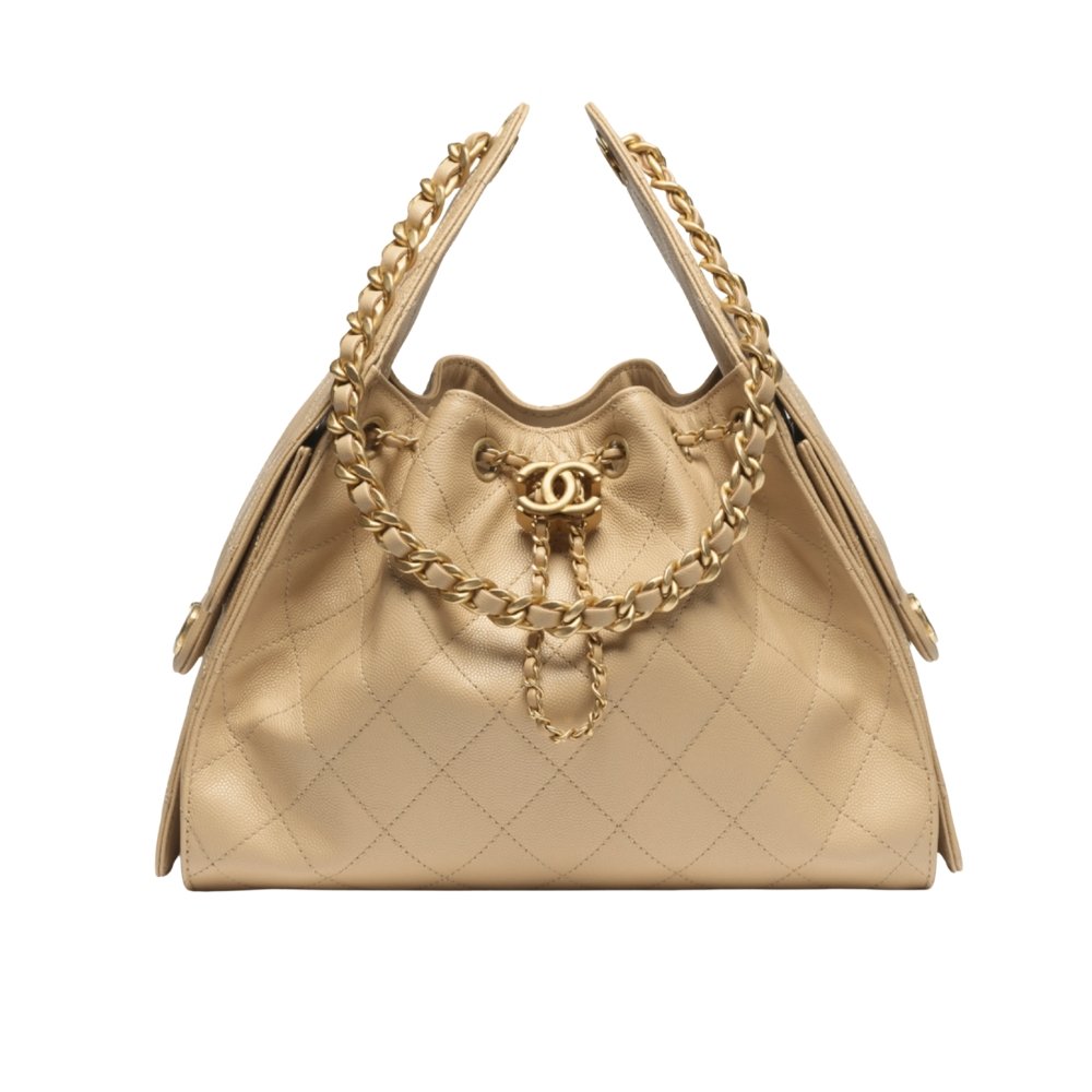 Ch**el 25 Small Handbag Grained And Gold Tone Metal Beige 26Cm
