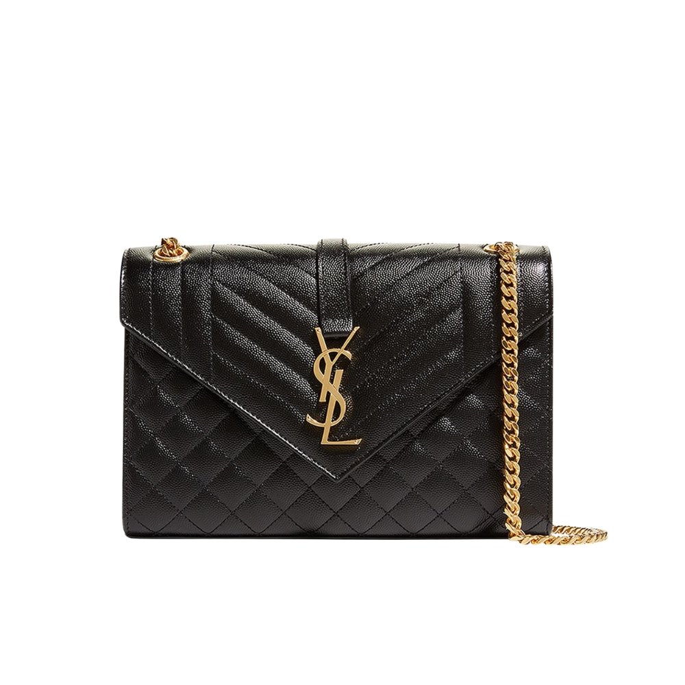 Sa1nt Lau*nt Envelope Small In Quilted Grain De Poudre Embossed Leather Gold Black 21Cm 600195Bow911000