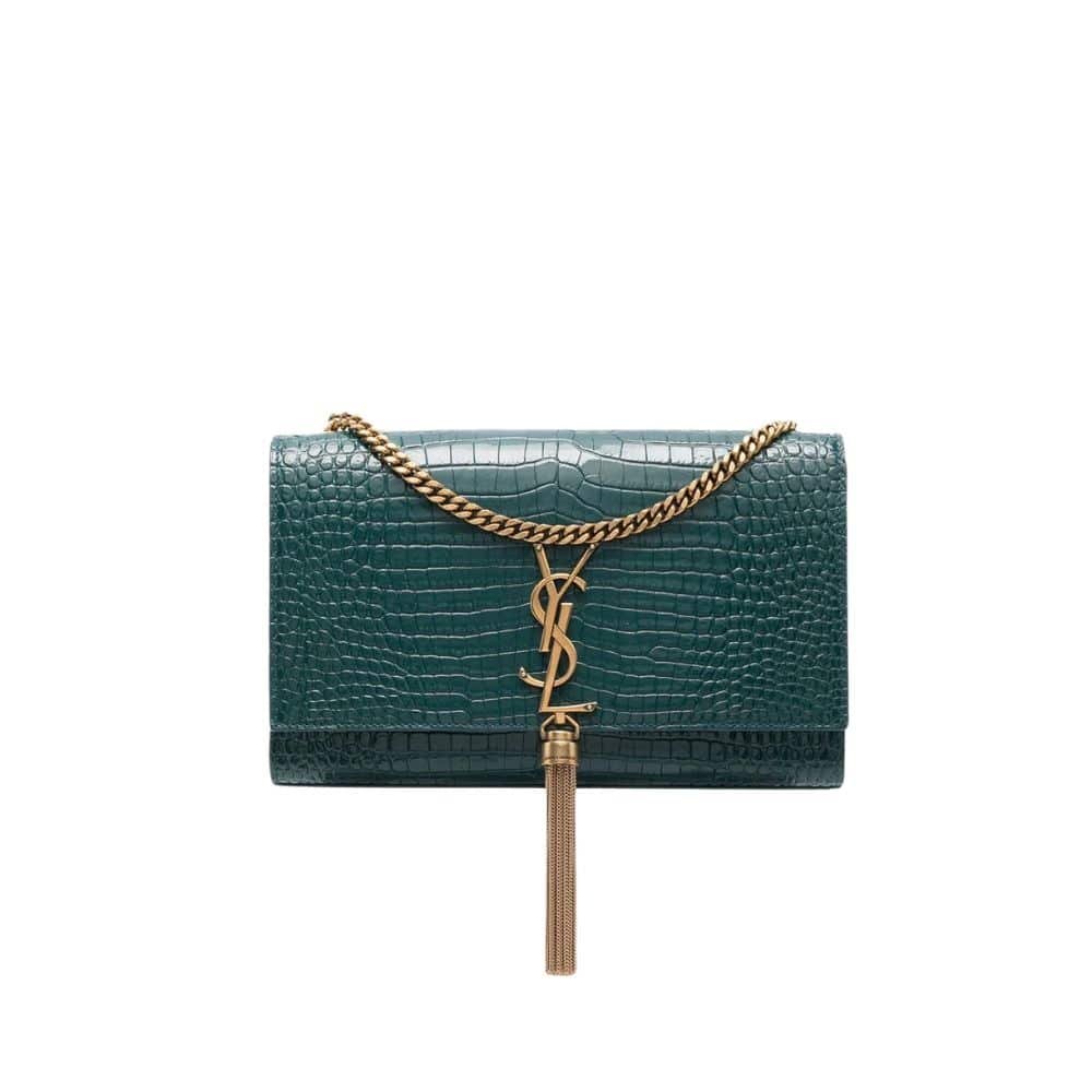 Sa1nt Lau*nt Kate Tassel Medium Crocodile Embossed Leather Green With Gold Hardware 22Cm
