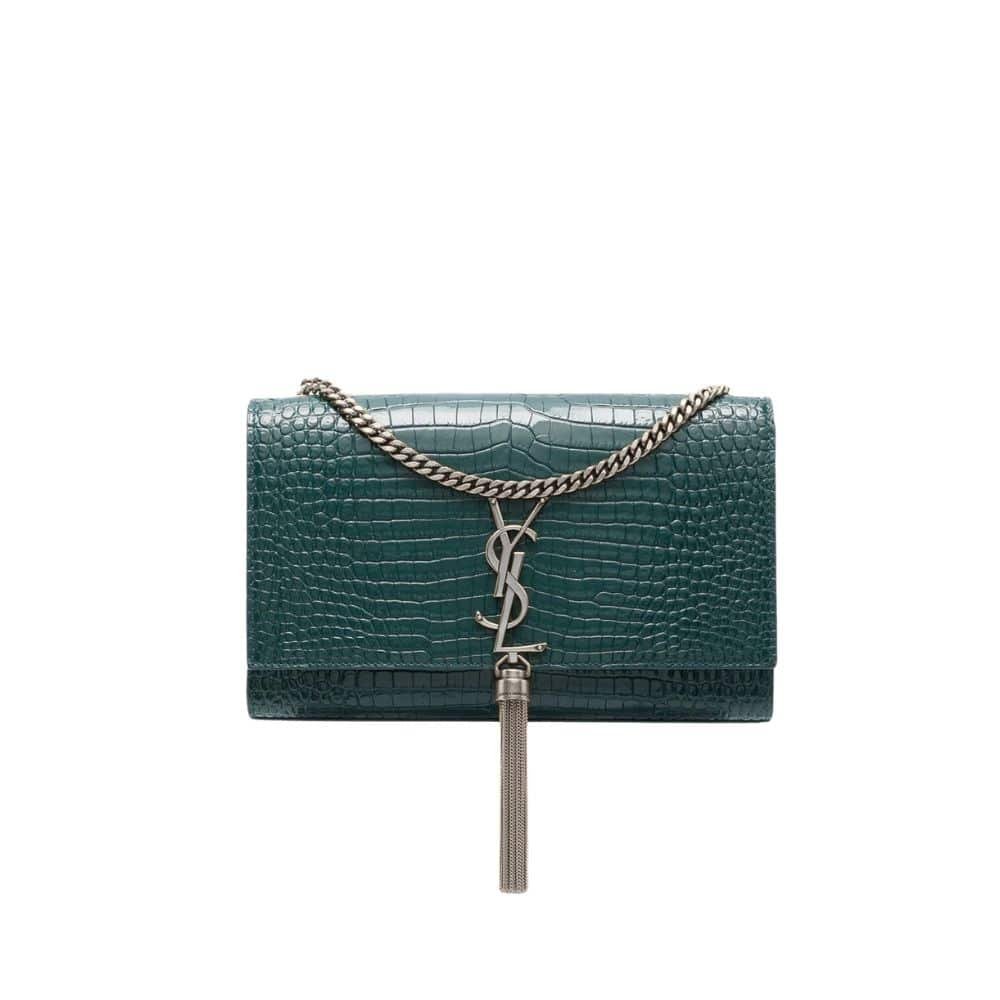 Sa1nt Lau*nt Kate Tassel Medium Crocodile Embossed Leather With Silver Hardware Green 22Cm