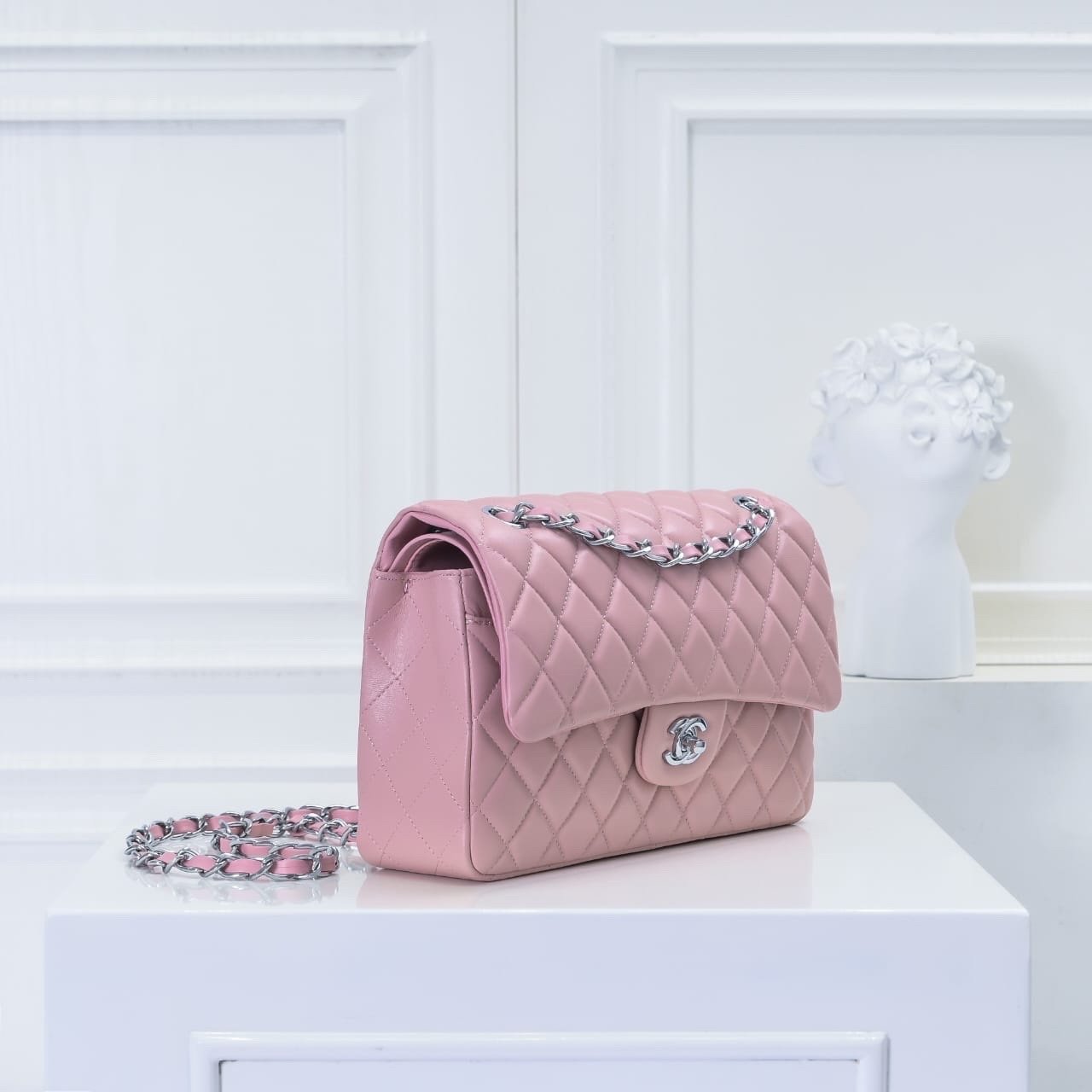 Ch**el Classic Double Flap Bag Silver Hardware Light Pink 25Cm