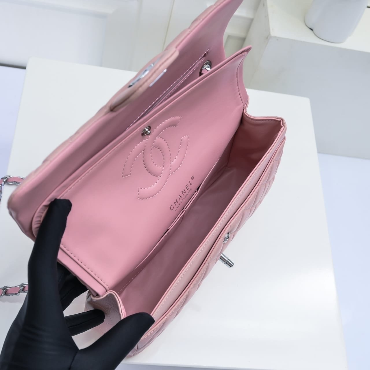 Ch**el Classic Double Flap Bag Silver Hardware Light Pink 25Cm