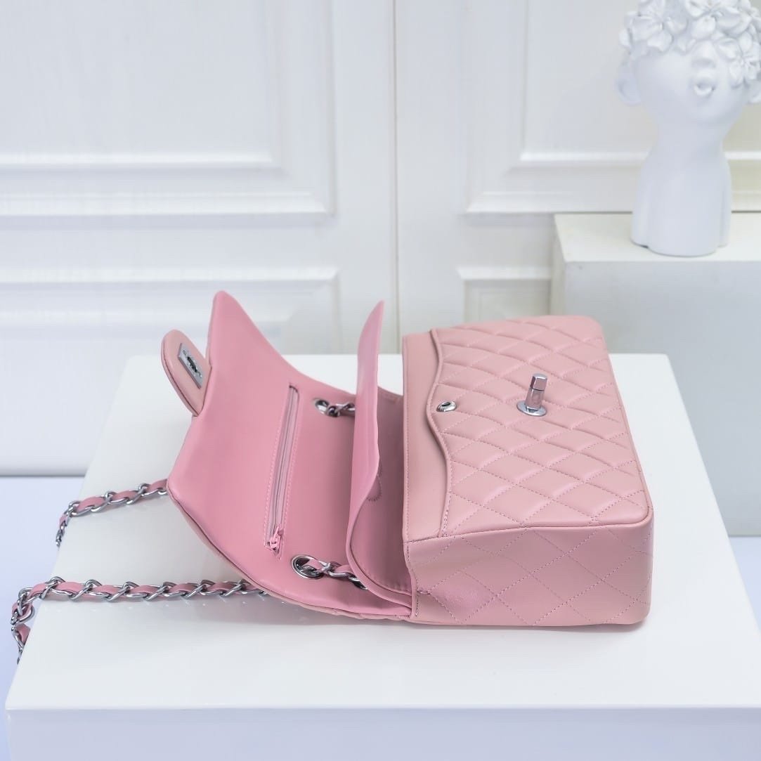 Ch**el Classic Double Flap Bag Silver Hardware Light Pink 25Cm